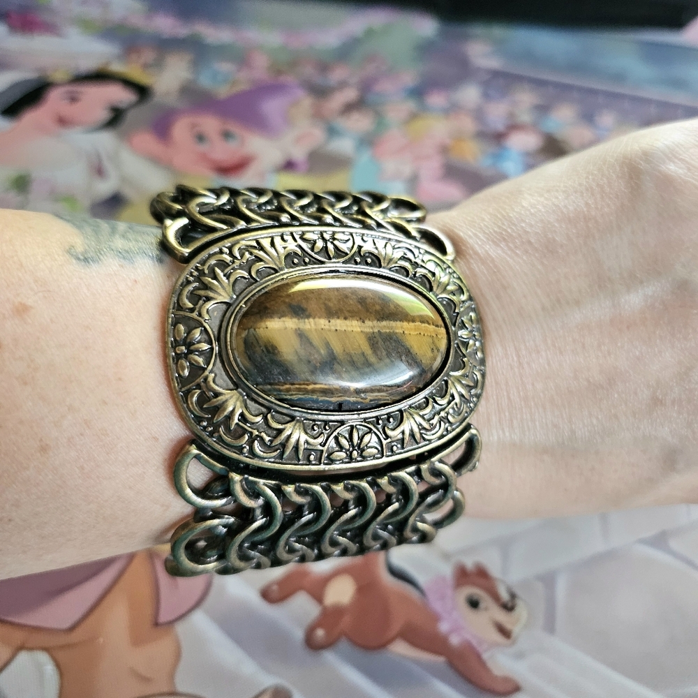 Tiger's Eye Gemstone Embossed Bangle Adjustable Vintage Cuff Bracelet
